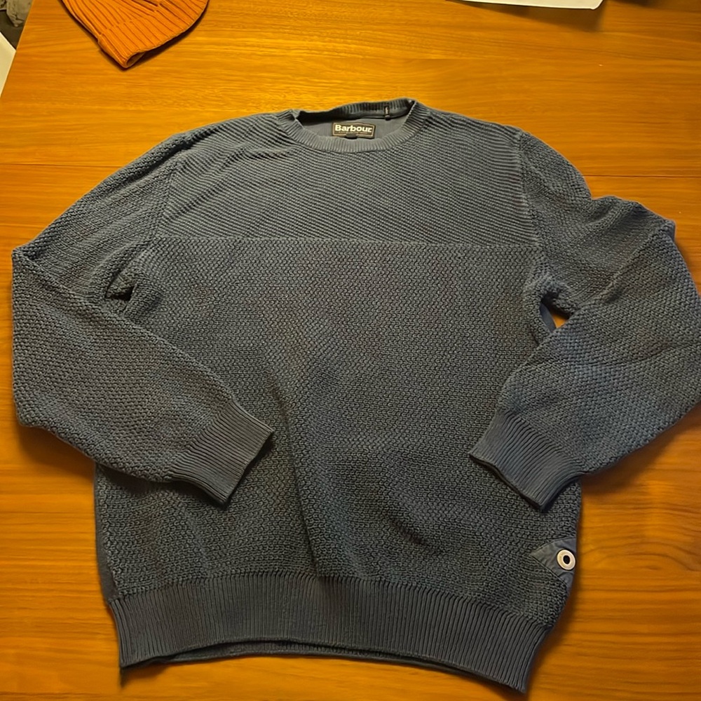 Barbour great coat cotton knit sweater in blue, size xl